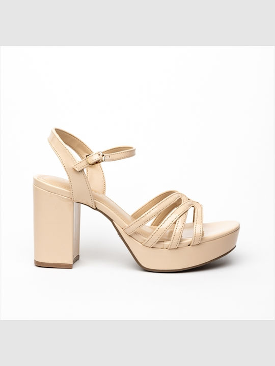 Via Marte Platform Patent Leather Women's Sandals with Ankle Strap Beige