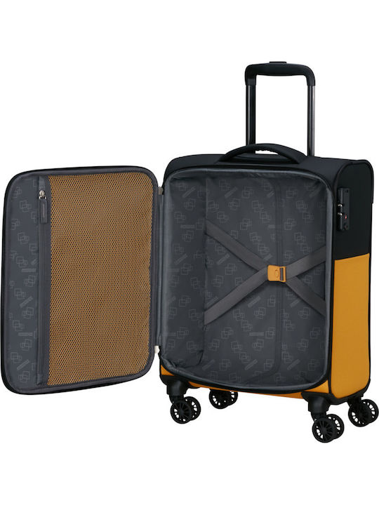 American Tourister Spinner Cabin Fabric Suitcase Black - Yellow With 4 Wheels Height 55cm