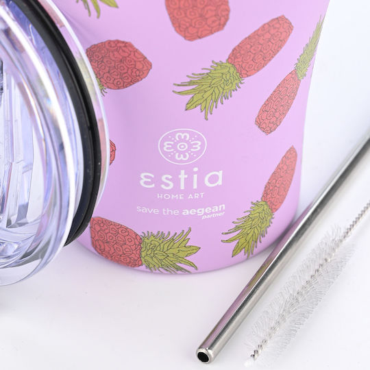 Estia Coffee Mug Save The Aegean Glass Thermos Stainless Steel BPA Free 350ml Tropic tango with Straw