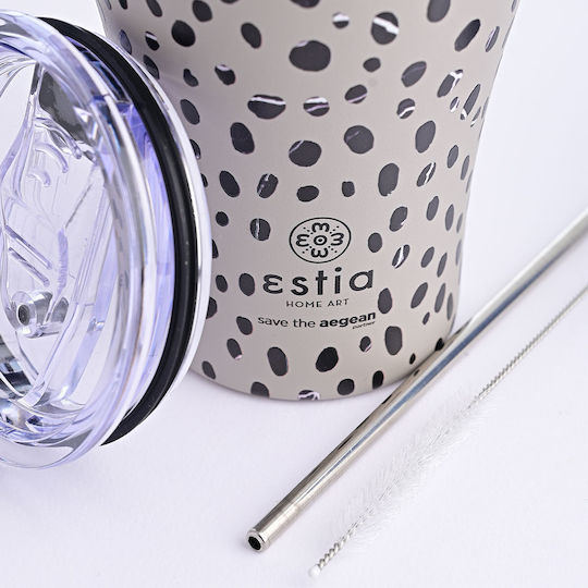 Estia Coffee Mug Save The Aegean Recyclable Thermos Stainless Steel BPA Free 350ml Leopard Taupe with Straw