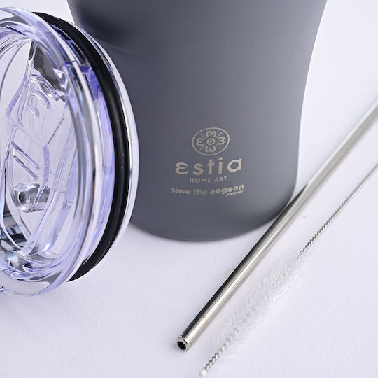 Estia Coffee Mug Save The Aegean Recyclable Glass Thermos Stainless Steel BPA Free 350ml Grey with Straw