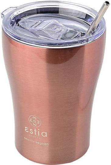 Estia Coffee Mug Save The Aegean Recyclable Glass Thermos Stainless Steel BPA Free 350ml Rose Gold with Straw