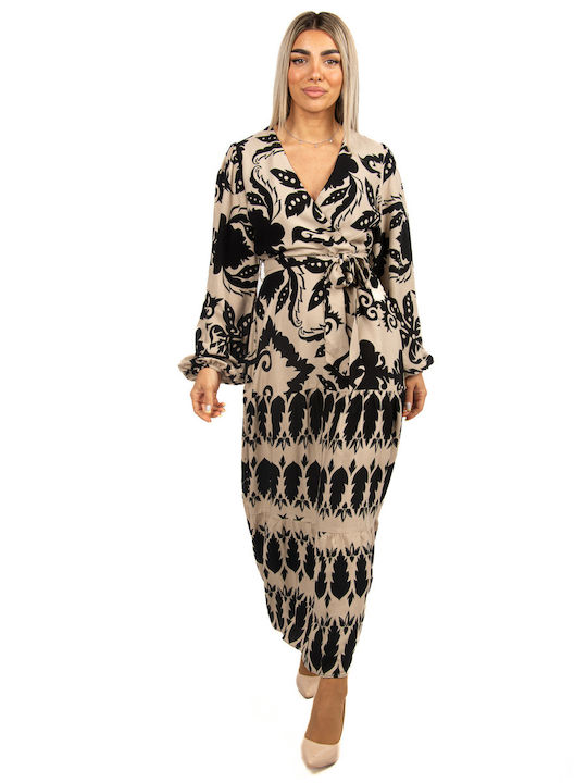 Boho Wrap Dress Black-Beige