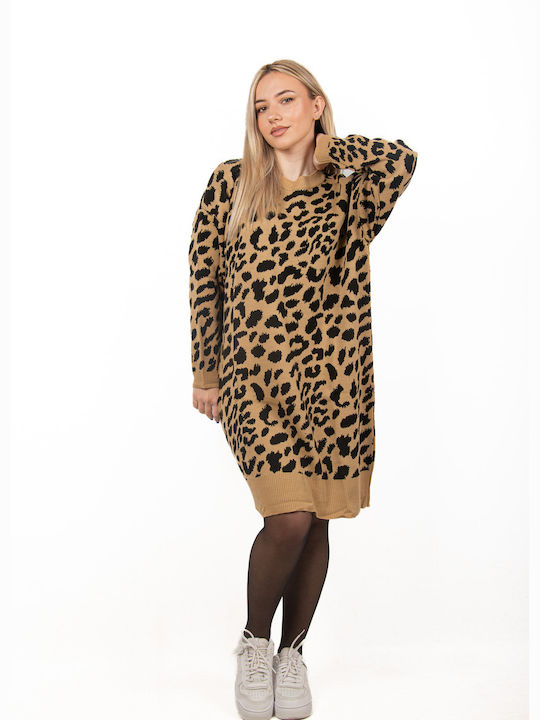 Rochie tricotată leopard camel