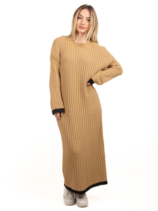 Ribbed Knit Oversized Camel Dress