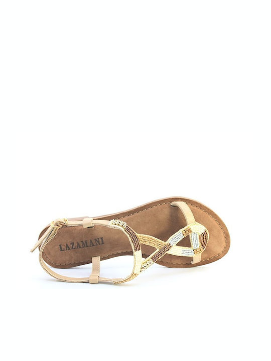 Lazamani Leather Women's Flat Sandals in Tabac Brown Color