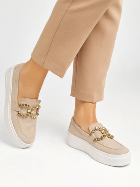 Leather Women's Moccasins in Beige Color