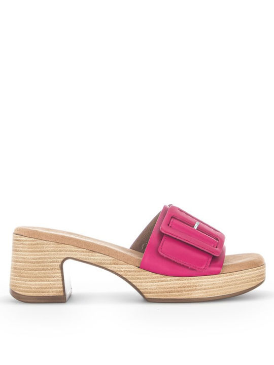Leather Mules with Chunky Low Heel in Pink Color