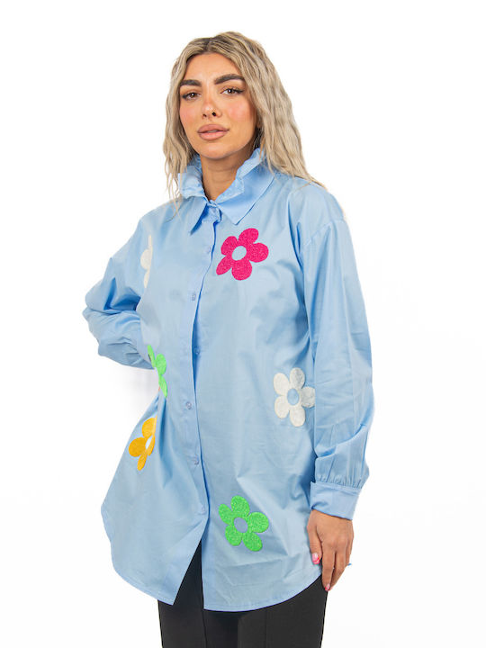 Ellen Μακρυμάνικο Γυναικείο Πουκάμισο Γαλάζιο Floral