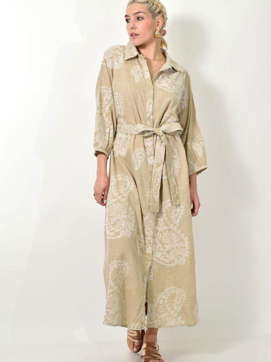 Long Ruffle Buttoned Belt Beige Kaftan 24153