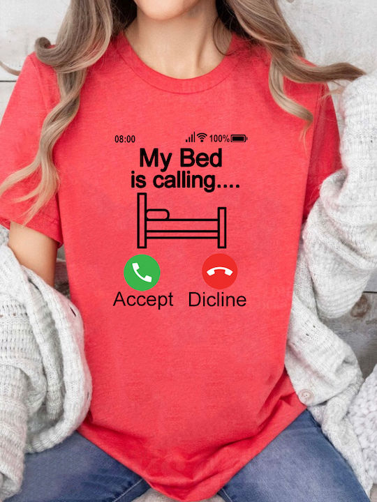 Fruit of the Loom My Bed Is Calling T-shirt Red Cotton My Bed Is Calling