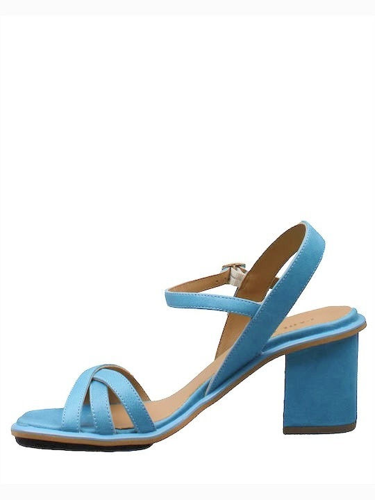 Pf16 Leather Women's Sandals Light Blue with Medium Heel