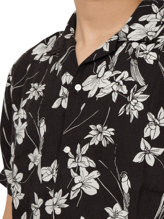 Stud Κοντομάνικο Λινό Πουκάμισο Floral Μαύρο