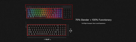 Redragon K628-RGB Pollux Gaming Μηχανικό Πληκτρολόγιο 75% με Custom Red διακόπτες και RGB φωτισμό (Αγγλικό US)