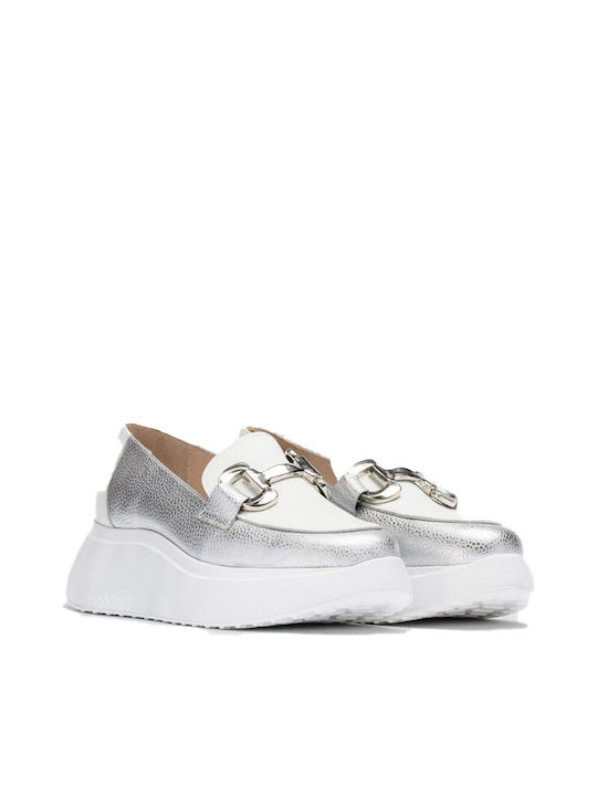 Wonders Leather Women's Loafers in Silver Color