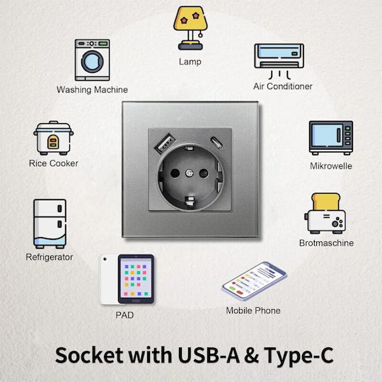 Einzeln Steckdose mit 2 USB-Anschlüssen Silber