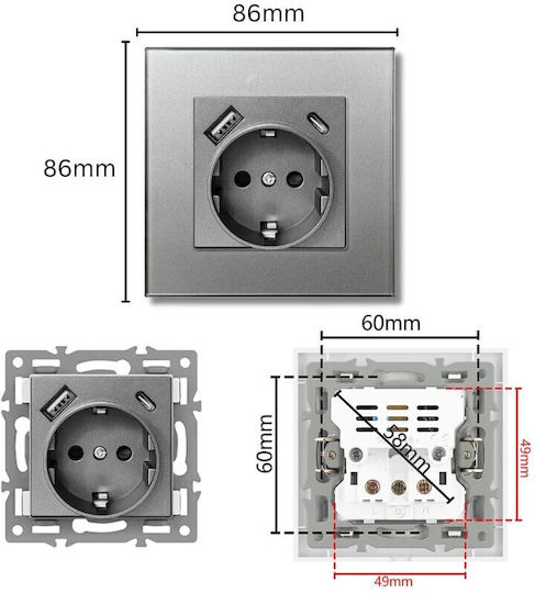 Einzeln Steckdose mit 2 USB-Anschlüssen Silber