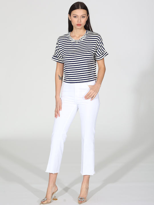R.R. Women's Blouse Short Sleeve Striped Blue and white