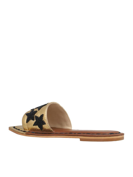 Leather Women's Flat Sandals in Gold Color