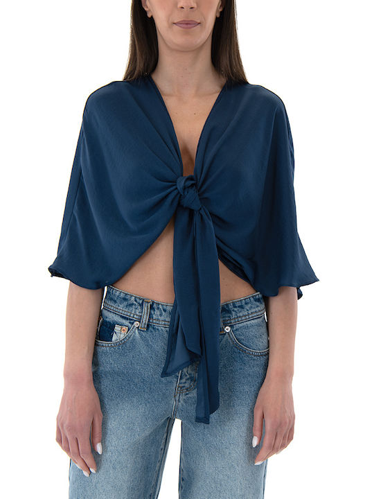 Moutaki pentru Femei Crop Top din Satin Albastru