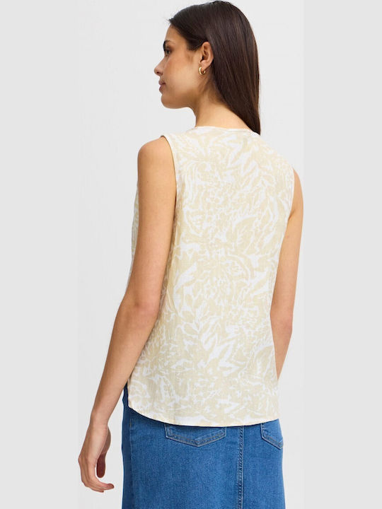 Women's Blouse Cotton Sleeveless with V Neckline Floral Ecru