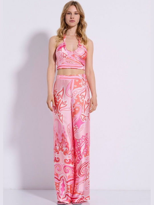 Damen Crop Top Satin mit Neckholder Rosa