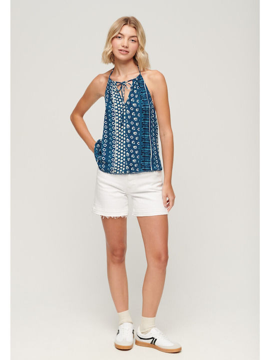 Women's Blouse Short Sleeve with Halter Neck Blue