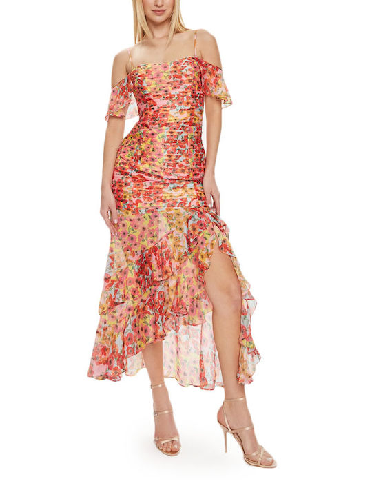 Guess Midi Rochie cu Volane Yellow- Red- Orange