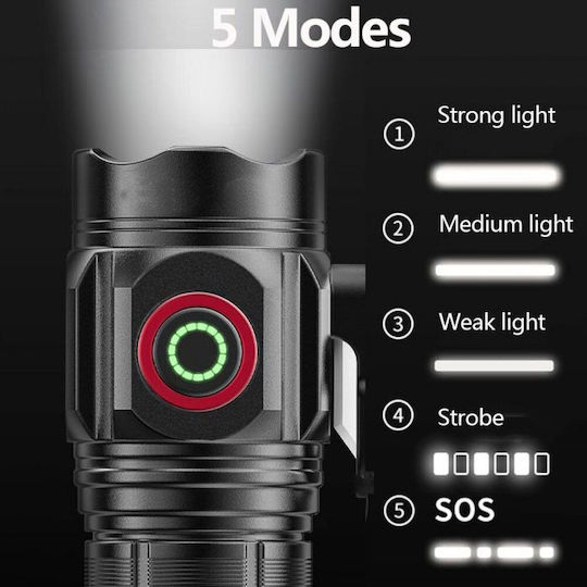 Rechargeable Flashlight LED with Maximum Brightness 3000lm Black