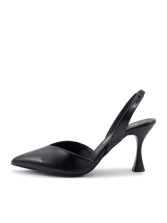 Leather Black High Heels with Strap