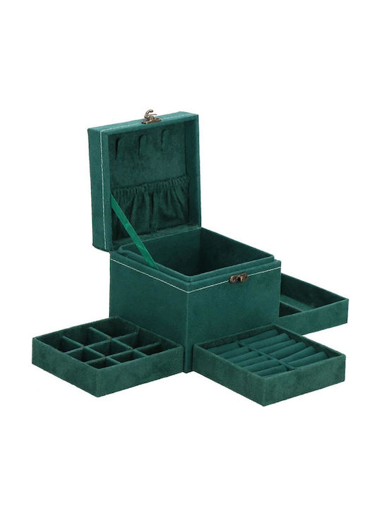 Кутия за бижута от велур в зелено, 12x12x12 см, Springos