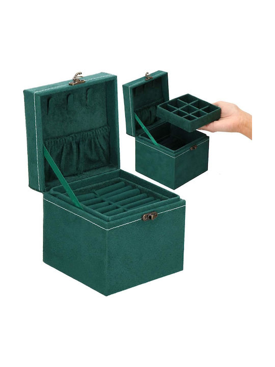 Кутия за бижута от велур в зелено, 12x12x12 см, Springos