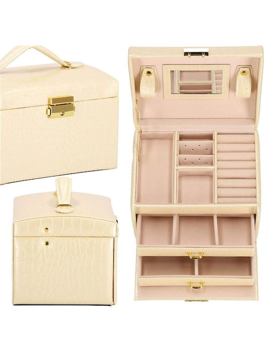 Jewelry Box Mdf Eco Leather Velvet Cream Pink Mirror 17.5x14x12.5 Cm Springos
