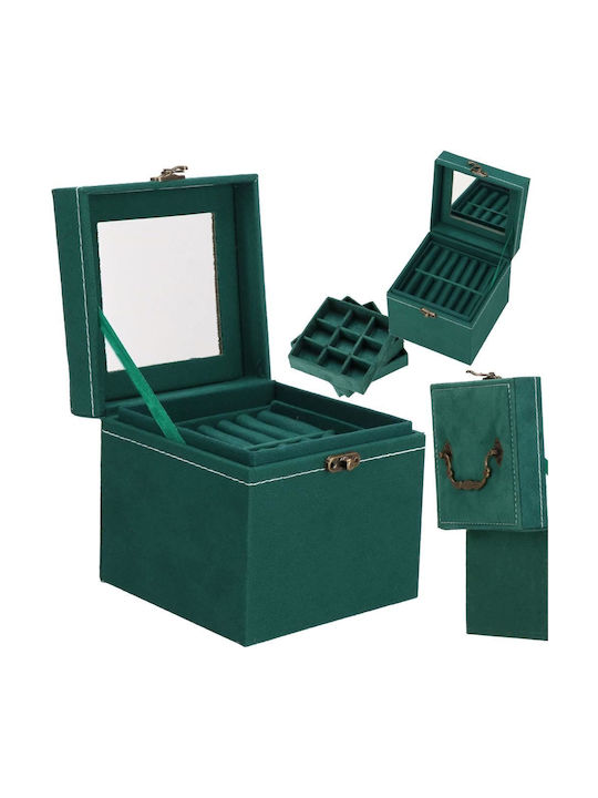 Jewelry Box Velvet Green Mirror 12x12x12 Cm Springos