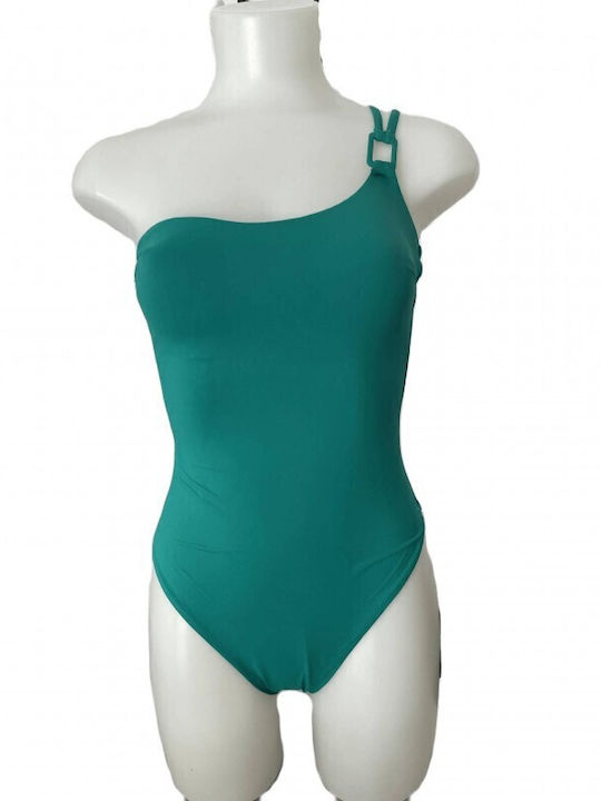 Women's One-Piece Swimsuit Modern Ocean C_9326 One Shoulder Design Back Green