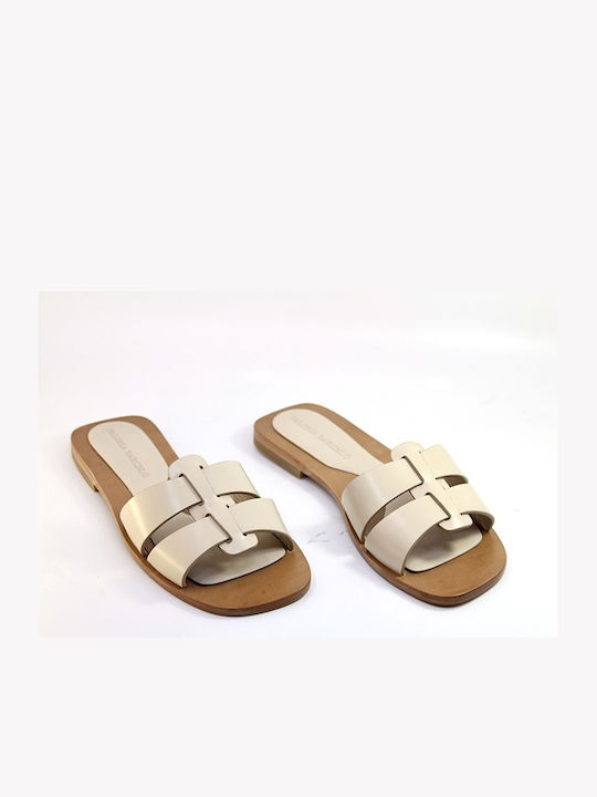 Leather Women's Flat Sandals in Beige Color