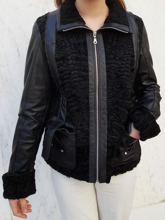 Ageridis Leather Lung Piele Jachetă de femei Puffer pentru iarnă Negru