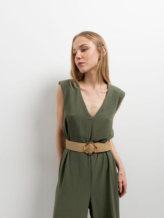 Kurzärmeliger Khaki-Jumpsuit