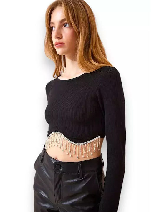 Crop-Bluse Gerippte Bluse mit Schmuck Schwarz