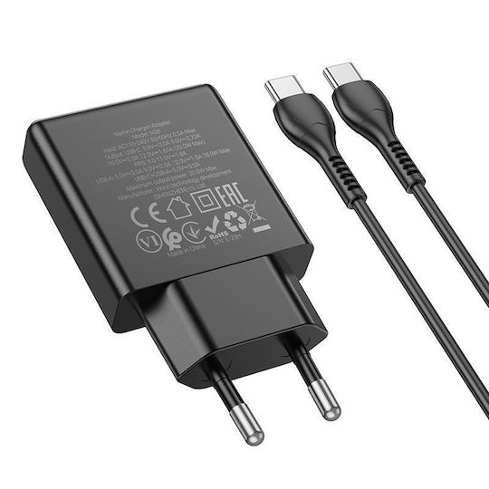 Hoco Charger with USB-A Port and USB-C Port and Cable USB-C - USB-C 20W Power Delivery / Quick Charge 3.0 Blacks (N38 Delgado)