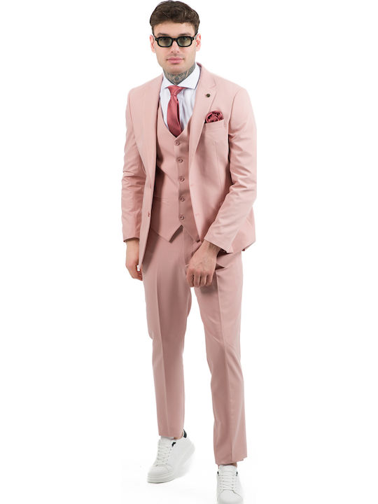 Men's Suit with Vest Pink