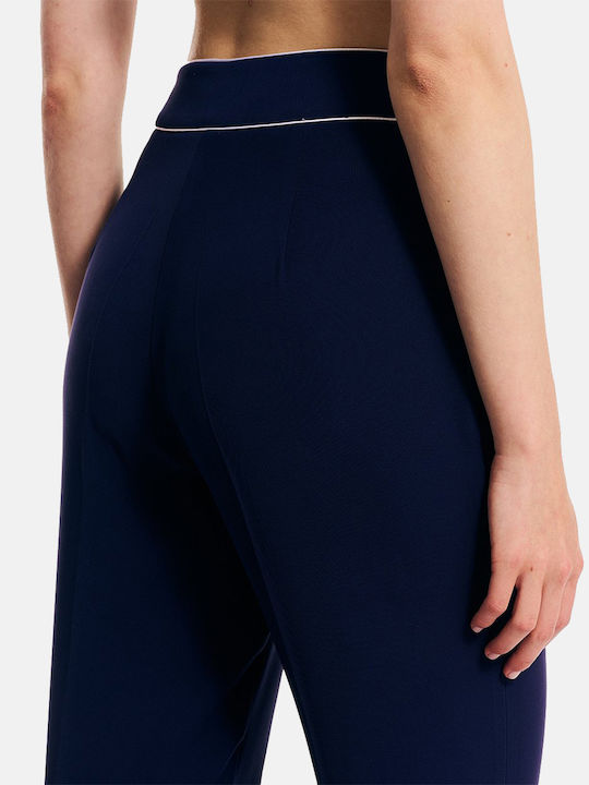 Women's High-waisted Fabric Trousers Straight Line Darkblue