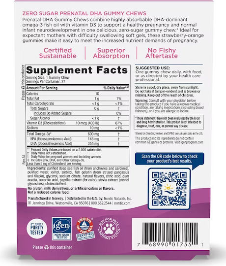 Nordic Naturals Prenatal DHA Gummy Chews Ulei De Pește 600mg 27 Gummies Cu Aromă De Portocală Căpșună