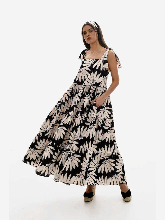 Mamoush Maxi Φόρεμα με Βολάν Μαύρο/άσπρο