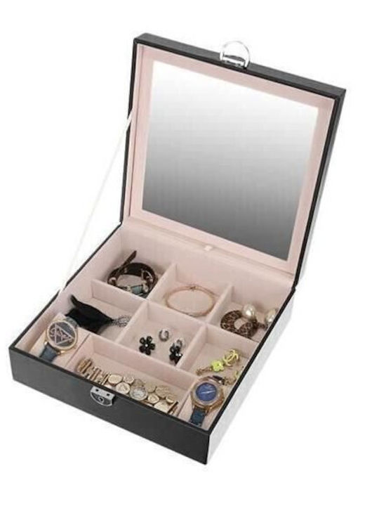 Jewellery Box from Faux Leather with Mirror Black 25.5x25.5x9cm