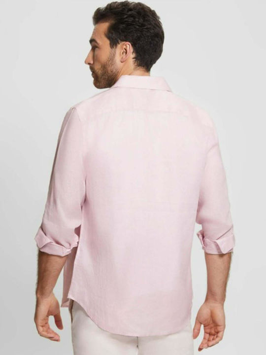 Guess Men's Shirt Long Sleeve Linen Pink