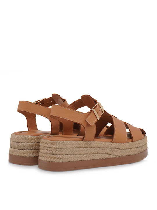 Leather Women's Flat Sandals in Tabac Brown Color
