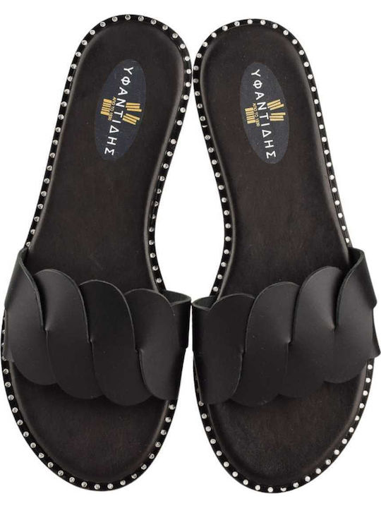 Leather Women's Flat Sandals in Black Color