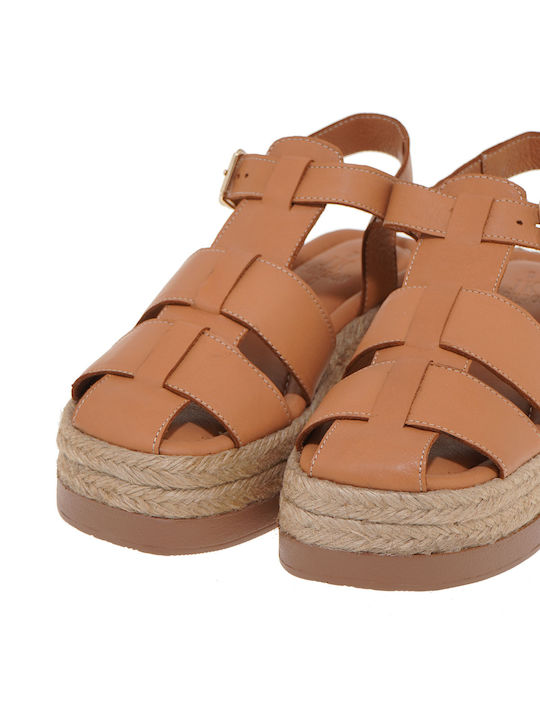 Leather Women's Flat Sandals in Tabac Brown Color
