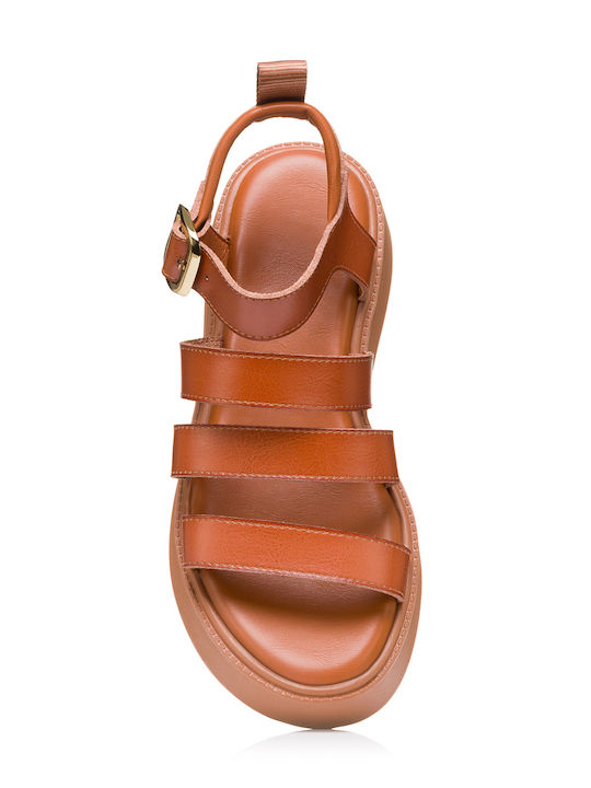 Leather Women's Flat Sandals with Strap in Brown Color